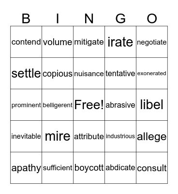 Vocabulary 1 Bingo Card