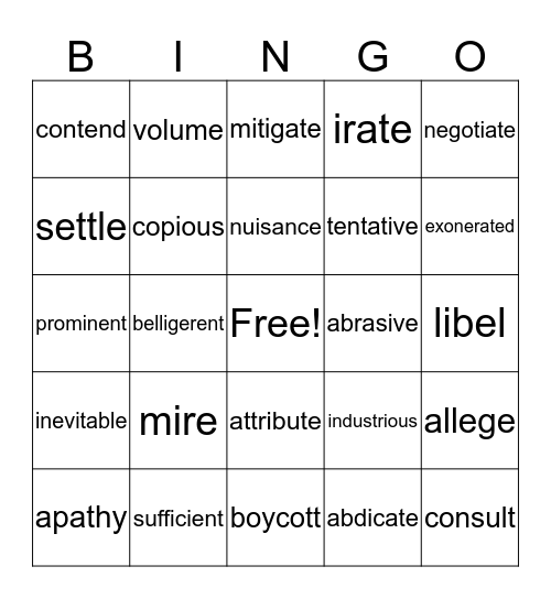 Vocabulary 1 Bingo Card