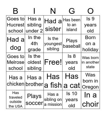 Primary Activities Get to Know You Bingo Card