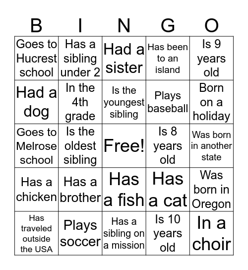 Primary Activities Get to Know You Bingo Card