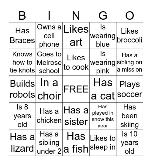 Primary Activities Get to Know you Bingo Card