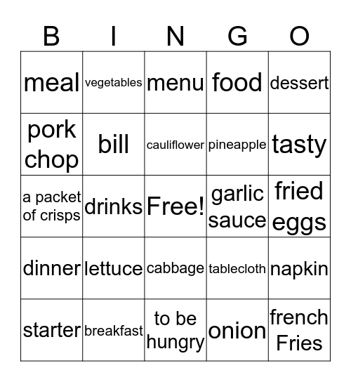 Unit 2: Food Bingo Card