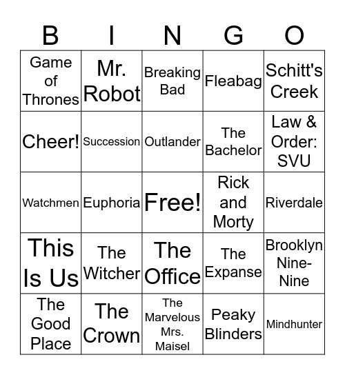 Most watched TV Shows in 2020 Bingo Card