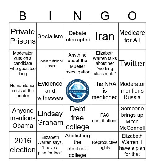 WNDC 2020 Democratic Debates Bingo Card