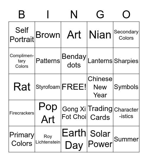 4th Grade ART Bingo Card