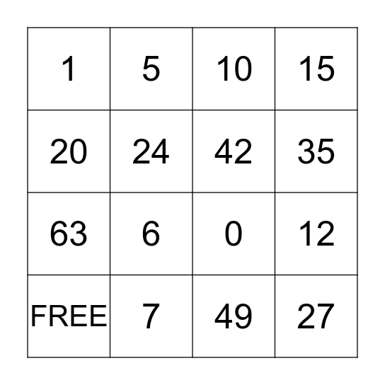 Multiplication & Division Bingo Card
