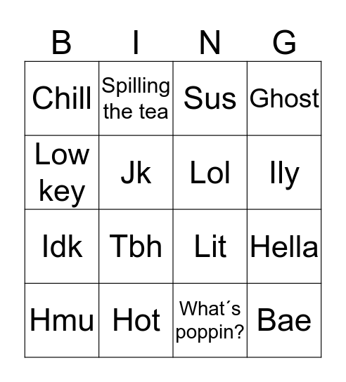 Slang Bingo Card