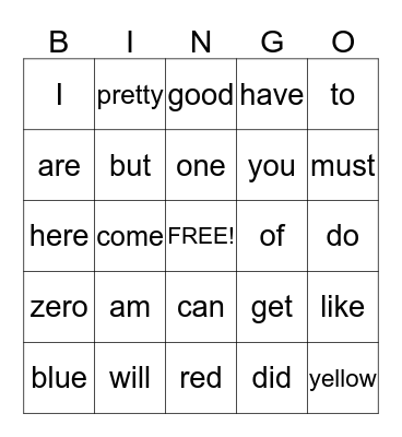 Sight Words Bingo Card