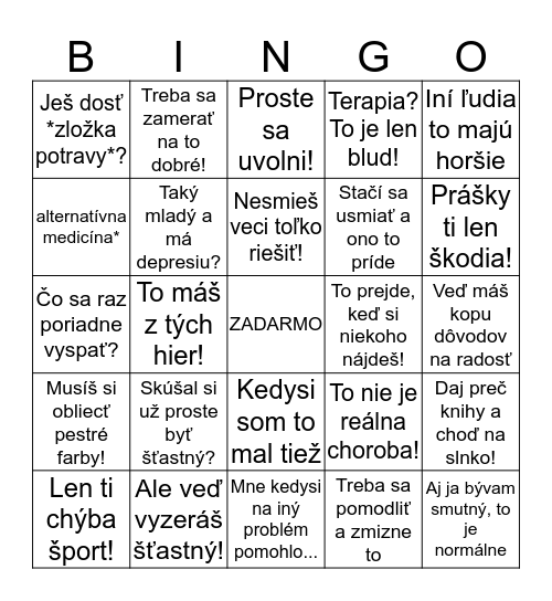 Blbé reakcie na depresiu Bingo Card