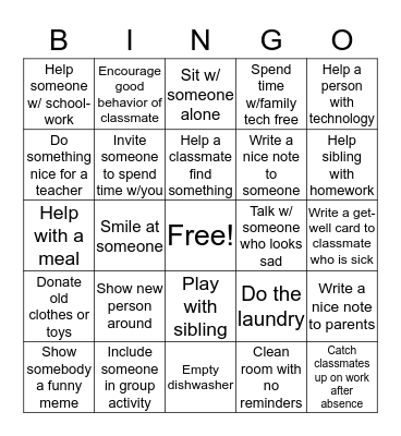 Random Acts of Kindness Bingo Card