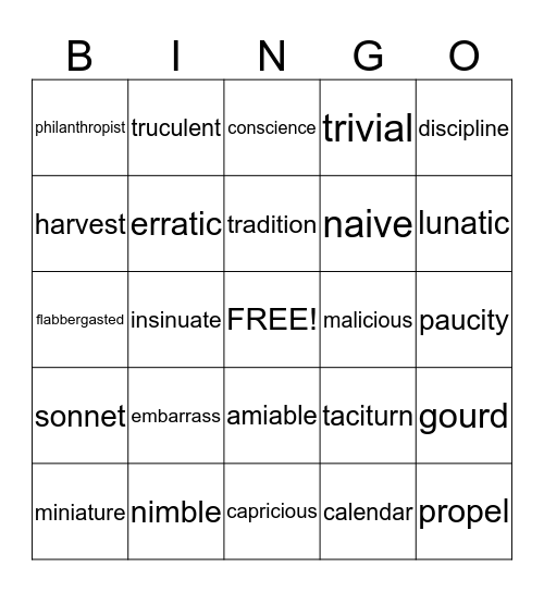 Year End Vocabulary Review Bingo Card