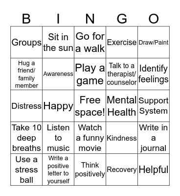 Mental Health Bingo Card