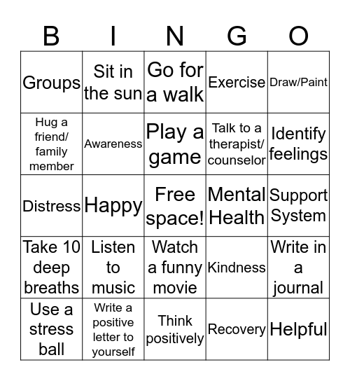 Mental Health Bingo Card