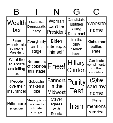 January 2020 Debate Bingo Card