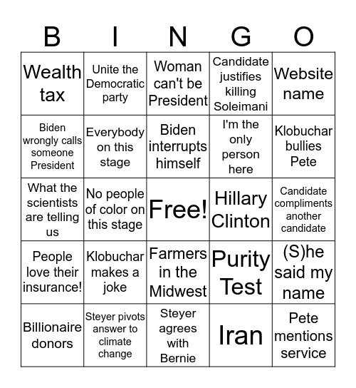 January 2020 Debate Bingo Card