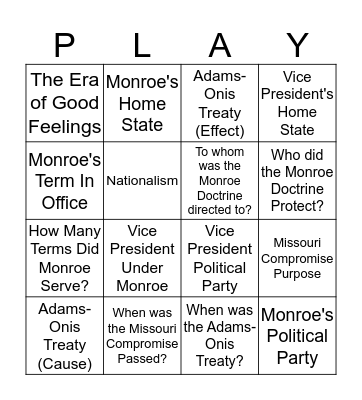 James Monroe Bingo Card