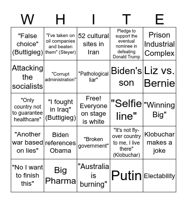 Dem Debate January 2020 Bingo Card