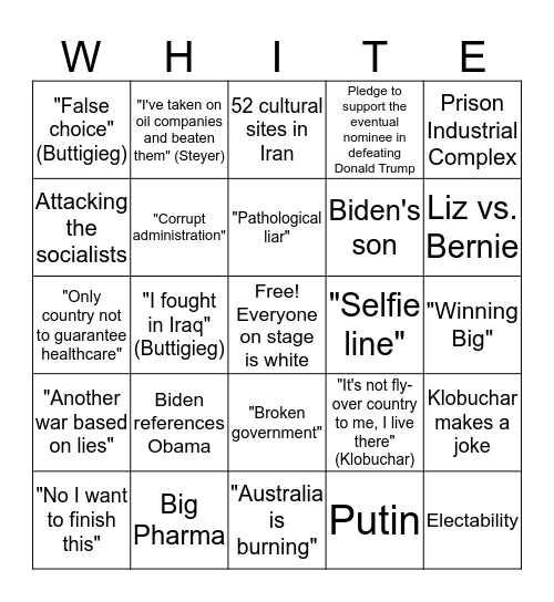 Dem Debate January 2020 Bingo Card