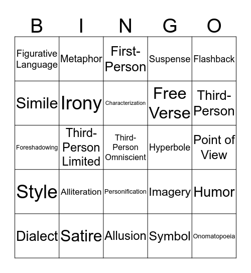 Literary Devices Bingo Card