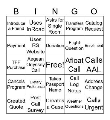 Call Listening Bingo Card
