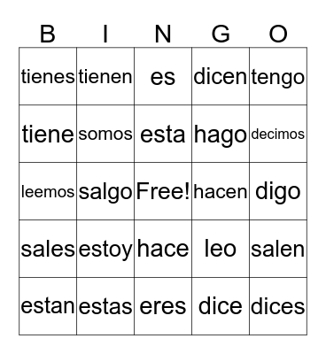 verb bingo Card