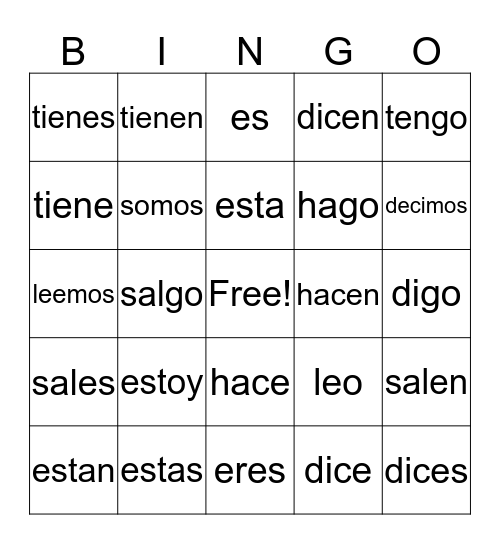 verb bingo Card