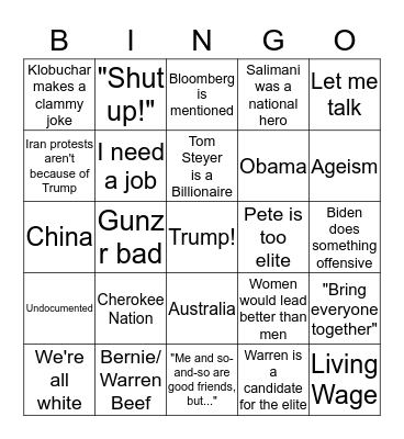 Democratic Debate Bingo Card