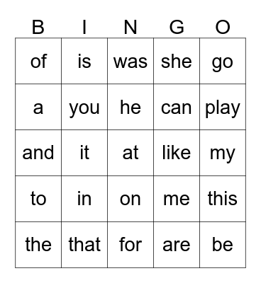 Walpole & McKenna Sight Words Bingo Card