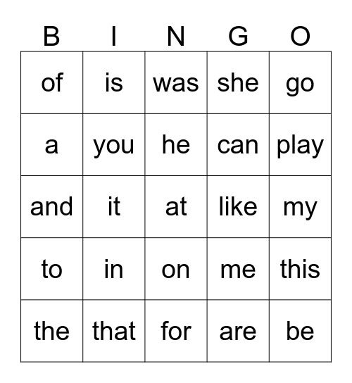 Walpole & McKenna Sight Words Bingo Card