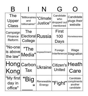 Democratic Debate Bingo Card