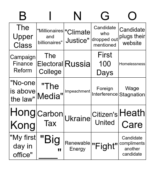 Democratic Debate Bingo Card