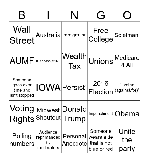 Dem Debate Bingo Card