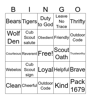 Cub Scout Bingo Card