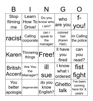 Public Freakouts Bingo Card
