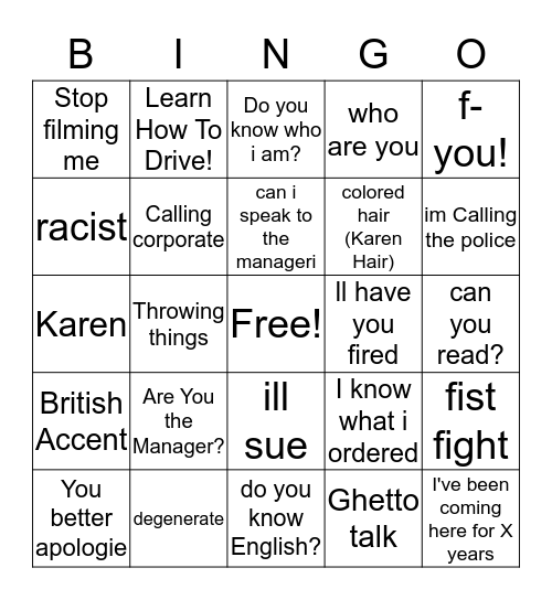 Public Freakouts Bingo Card