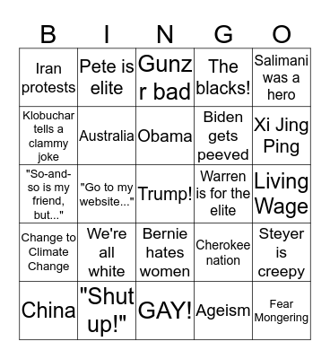 Democratic Debate 2020 Bingo Card