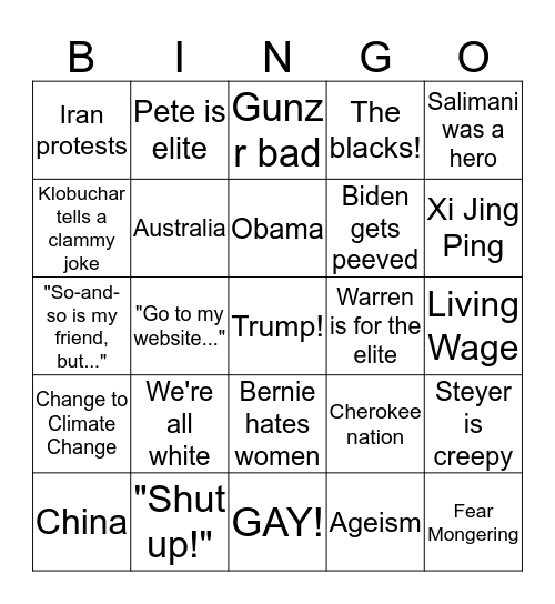 Democratic Debate 2020 Bingo Card