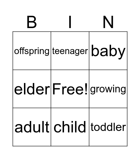 Growing up! Bingo Card