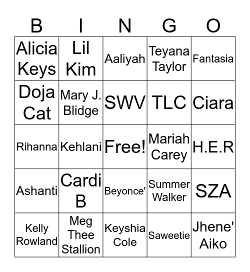 Women in Hip-Hop/ R&B Bingo Card