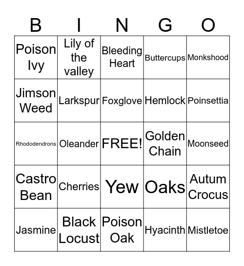 POISONOUS  PLANTS Bingo Card