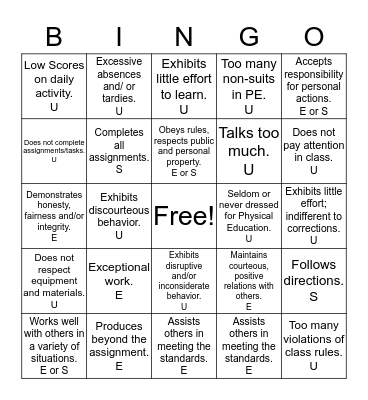 Work Habits and Cooperation Bingo Card