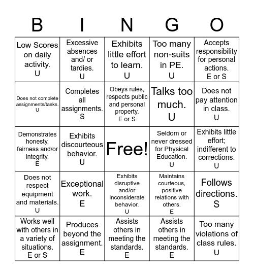 Work Habits and Cooperation Bingo Card