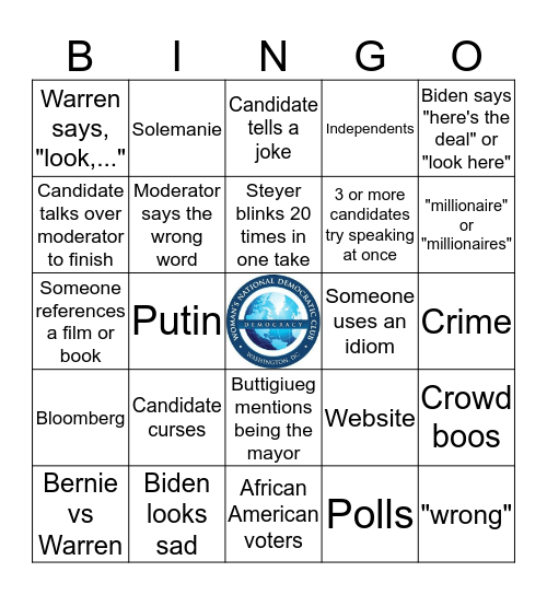 WNDC 2020 Democratic Debate  Bingo Card