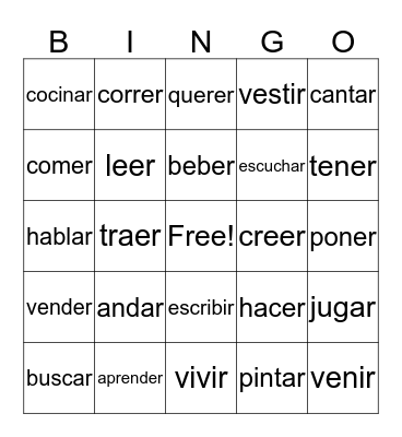 COMMON SPANISH VERBS Bingo Card