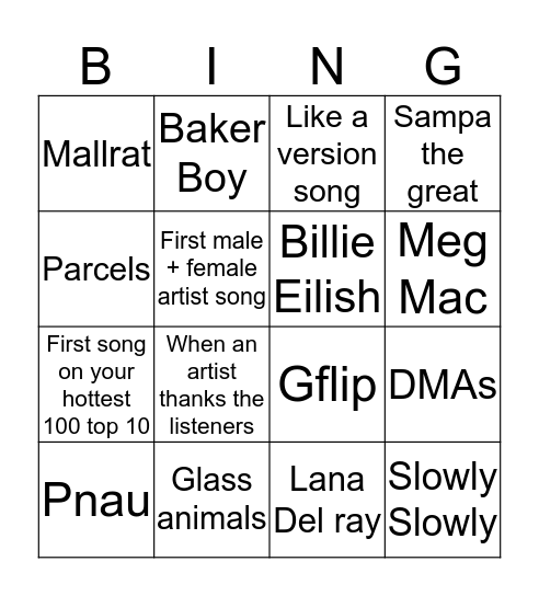 Hottest 100 Bingo Card