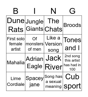 Hottest 100 Bingo Card