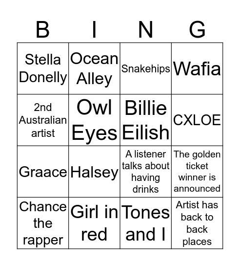 Hottest 100 Bingo Card