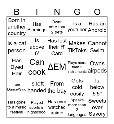 Downtime W/ DEM Bingo Card