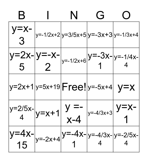 Writing Linear Equations Bingo Card