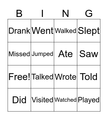 Past Tense Verbs Bingo Card